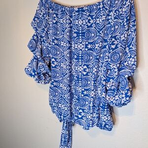 CeCe Blue and White Off-Shoulder Blouse